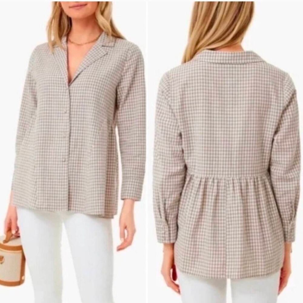 Tuckernuck Pomander Place Top XS Linen Blend Gingham Beige Peplum Lagenlook NWOT